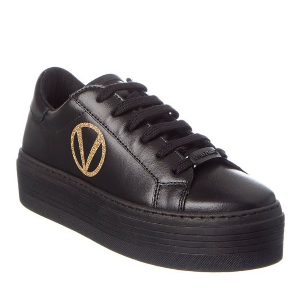 Valentino Sela Black Leather Platform Sneakers W Gold Glitter Accent Nwt 7.5